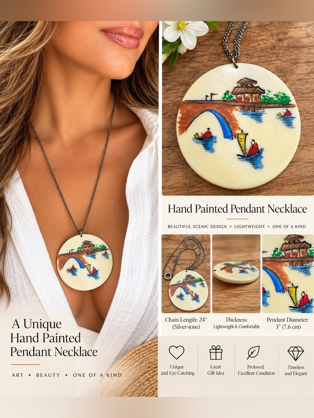 Vintage Hand-Painted Scenic Pendant Necklace 24” Statement Jewelry